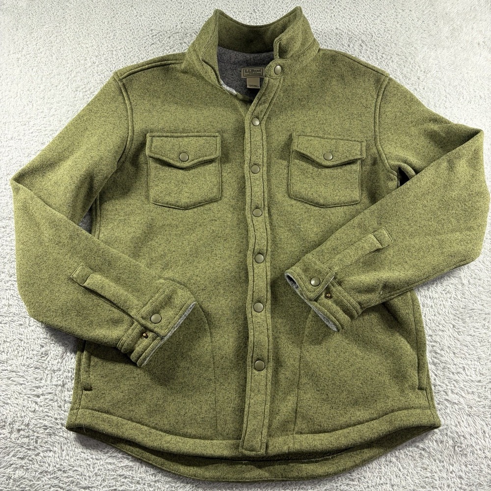 L.L Bean Snap Up Sweater Shirt Mens Medium Heather Green Chore Pockets Utility